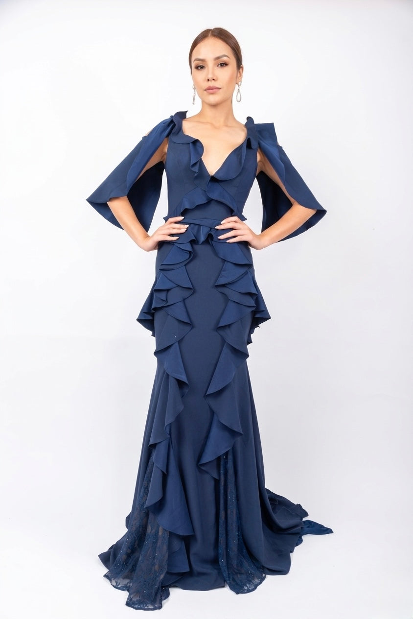 Vestido azul marino con diseño de olanes en venta