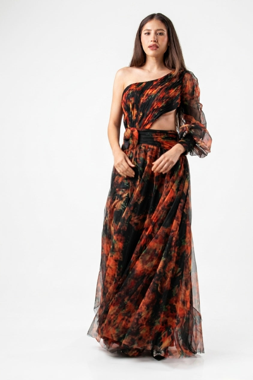 Vestido  en tonos ocre,  diseño un hombro y cut out costado cintura en renta