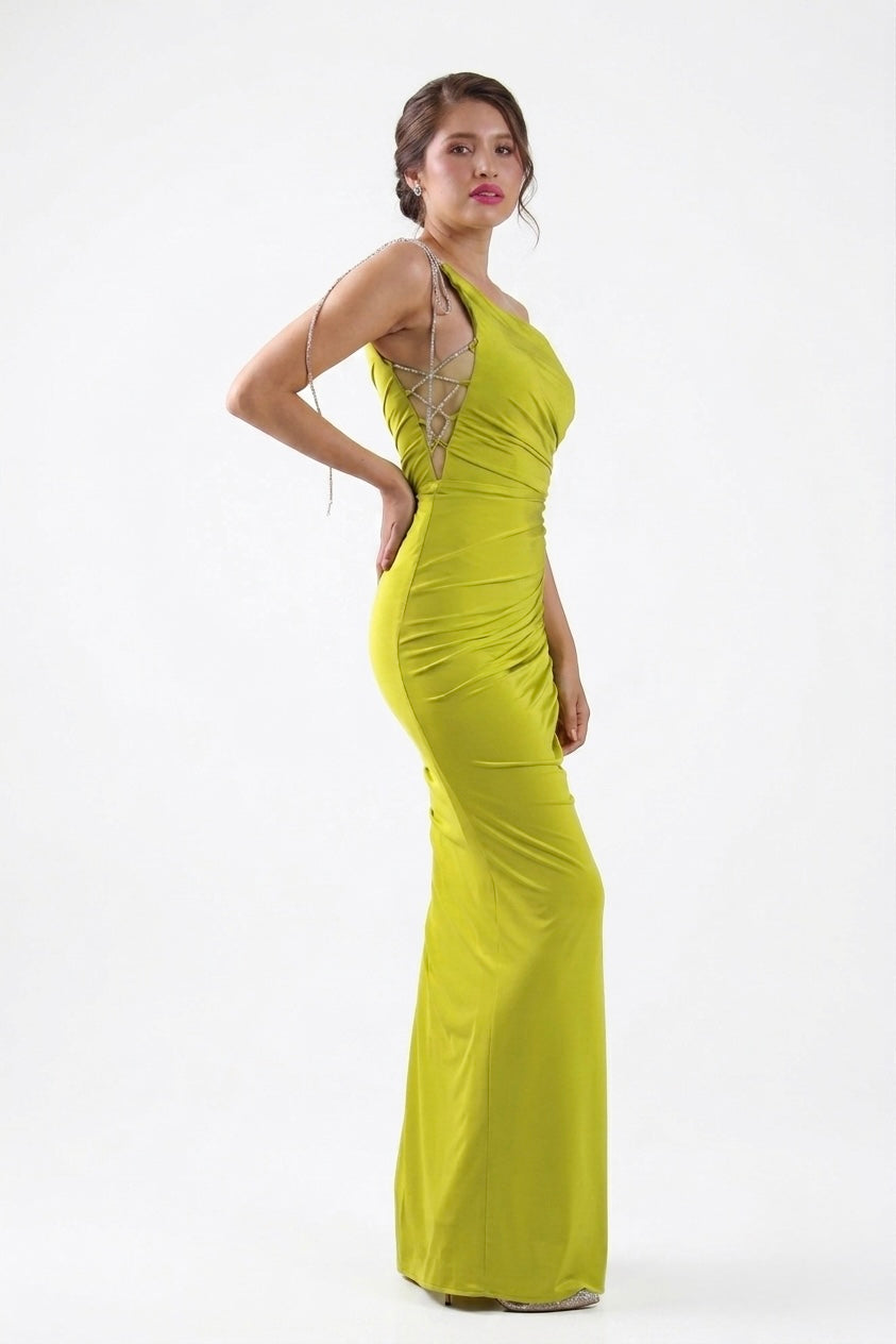 Vestido verde lima, likra,  drapeado a un costado, un solo hombro en renta