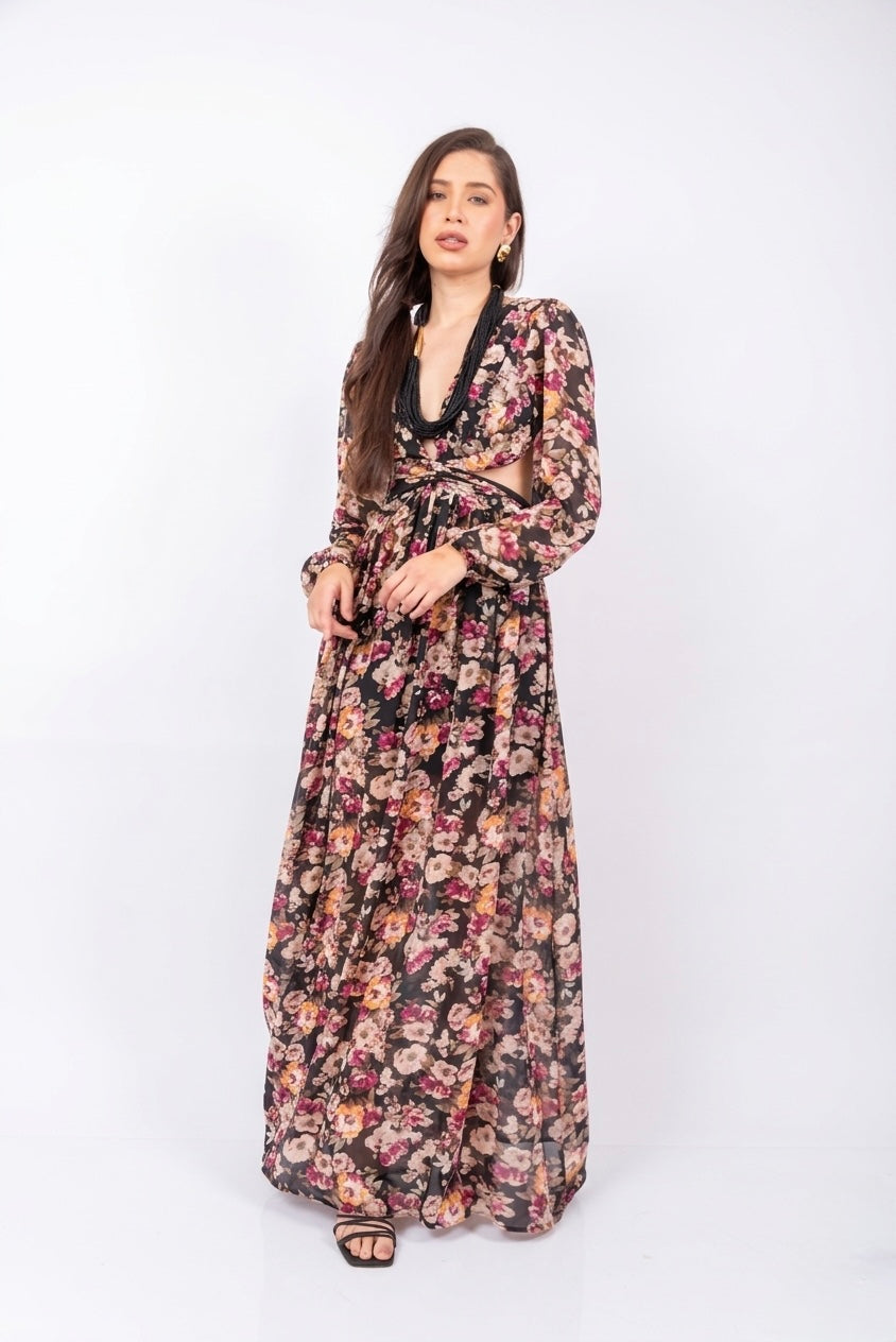 Vestido flores, escote pronunciado, manga larga y cut out en cintura en venta