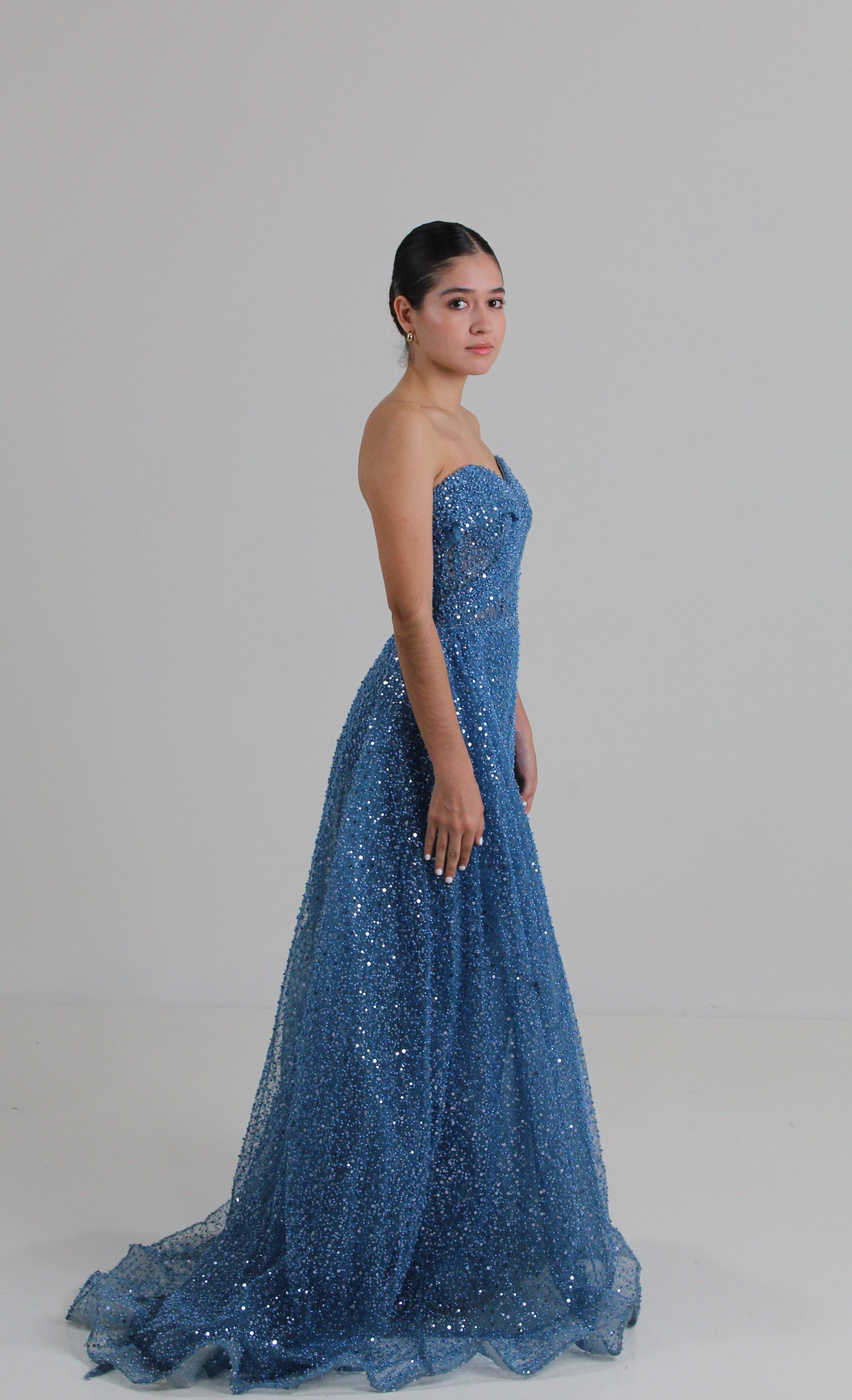 Vestido blue cornflower, ajustado al cuerpo, bordado en lentejuela y amplia cauda bordada en lentejuela. en renta