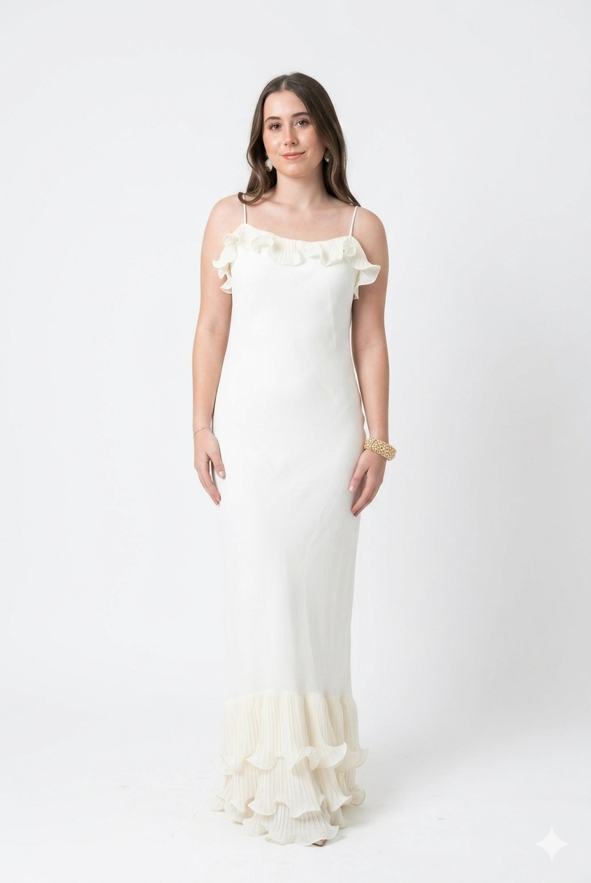 Vestido color marfil largo con detalles de volantes y escote en espalda en renta